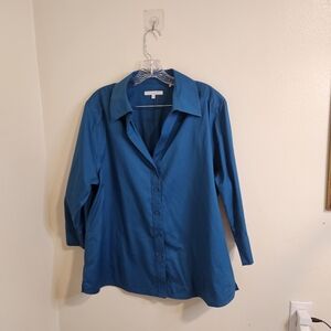 Foxcroft Cotton Blend Teal Button-up Shaped Shirt Size 14W